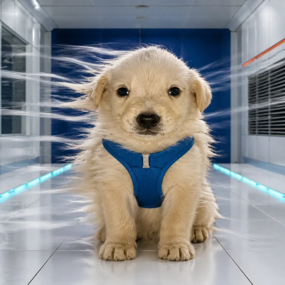 Jotchua sitting calmly in the wind tunnel, fur streaming horizontally